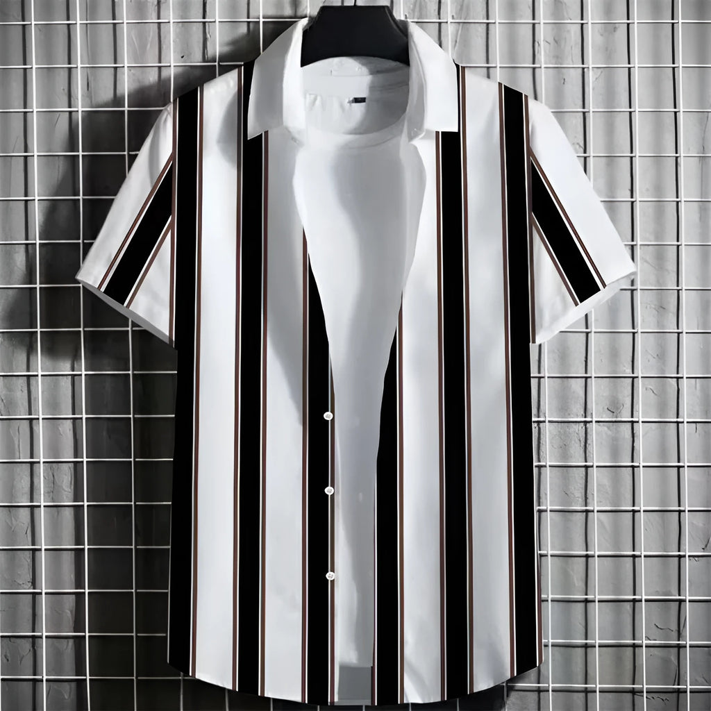 Men's linen short sleeve t-shirt with simple 3D printed striped pattern, shown in one of seven available colours.