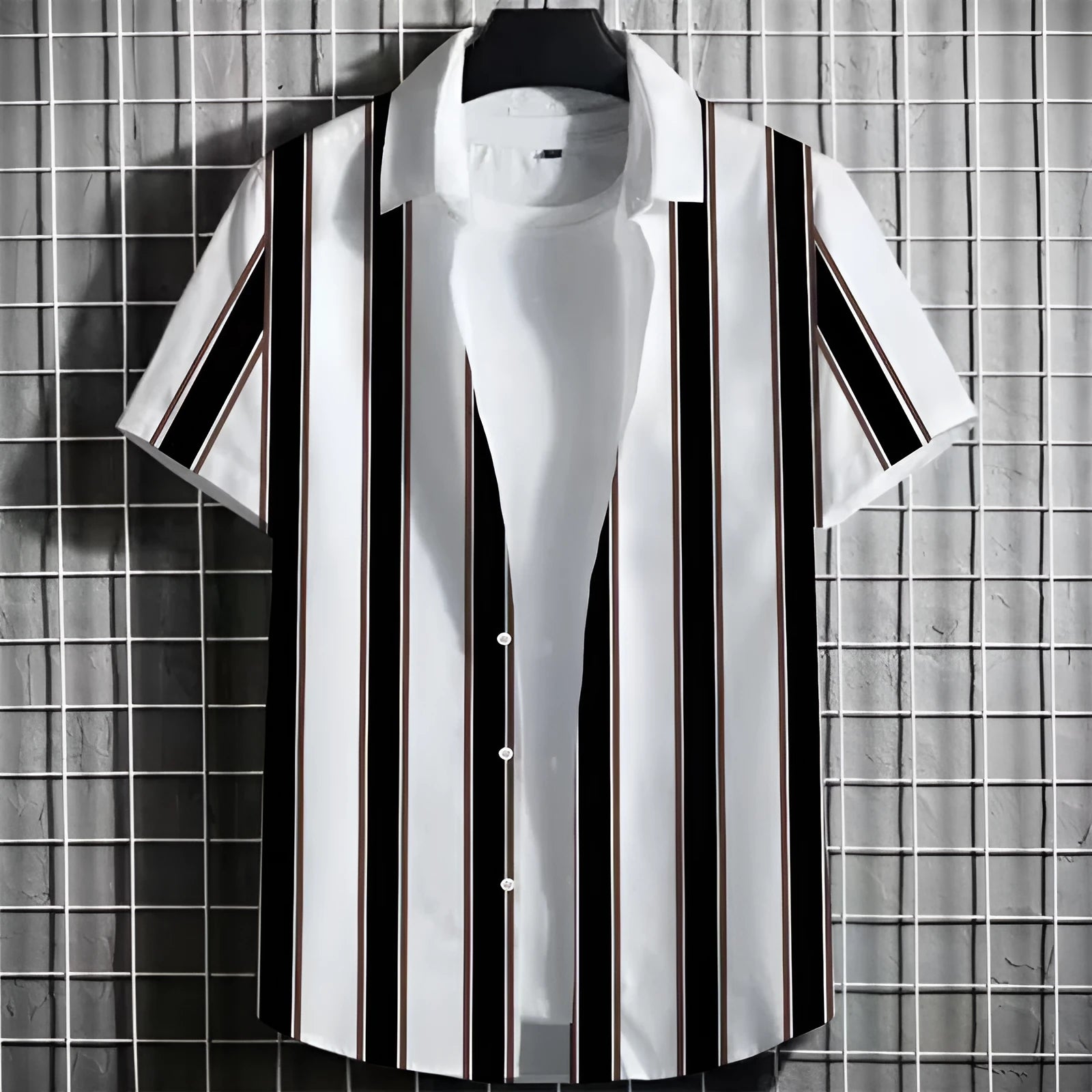 Men's linen short sleeve t-shirt with simple 3D printed striped pattern, shown in one of seven available colours.