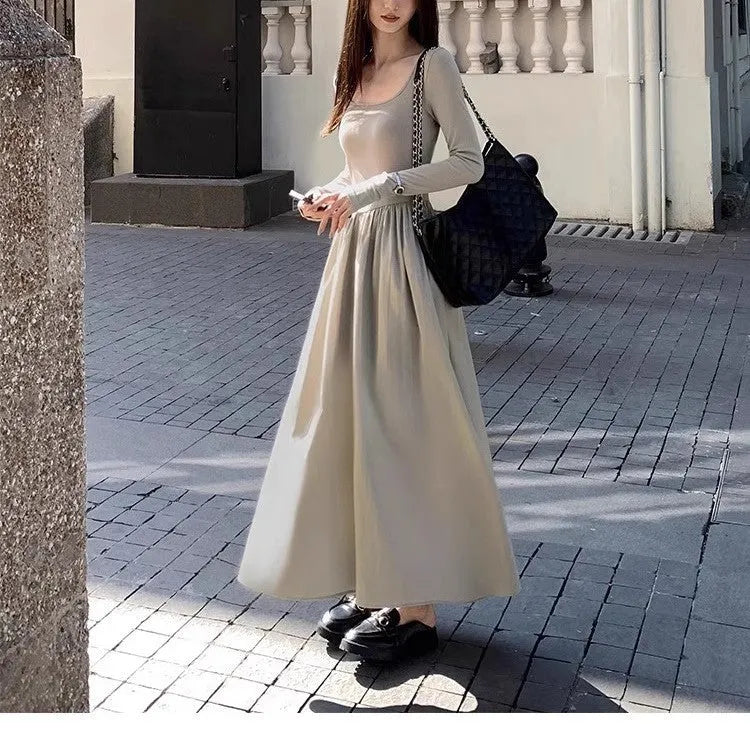 Women's square collar knitted dress with elastic waist and A-line midi skirt