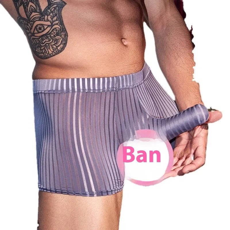 Men's striped nylon boxer briefs in black with vertical pattern design