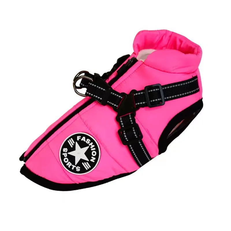 Waterproof dog coat with integrated harness in rain silk fabric, available in multiple sizes and colours