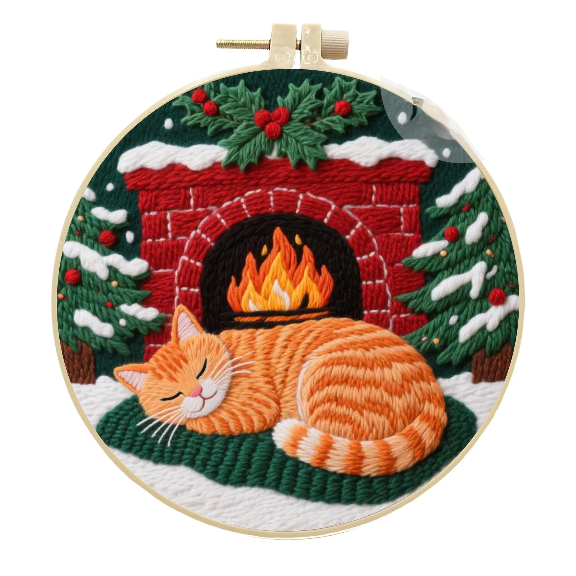 Cat embroidery DIY material package showing autumn fruit patterns on cotton linen fabric with optional bamboo frame
