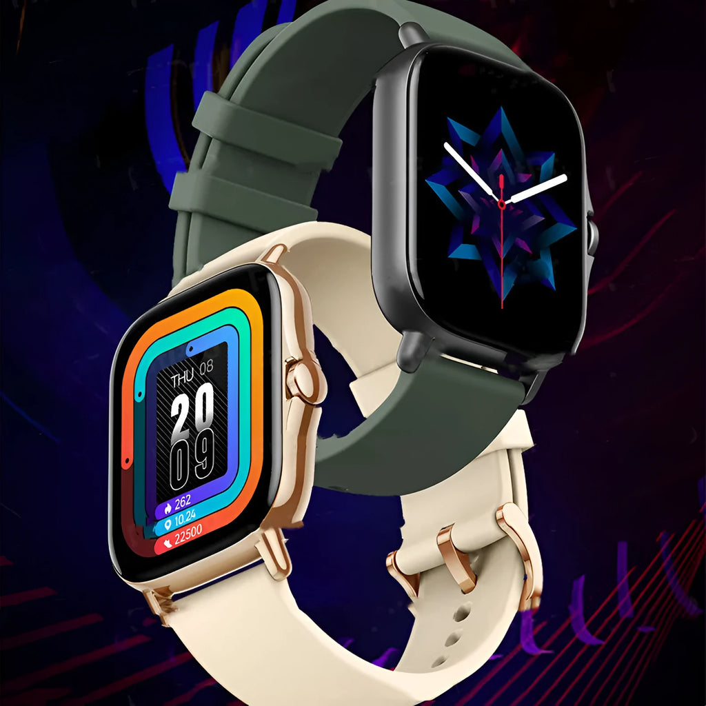 GT20 black alloy smartwatch with silicone strap showing heart rate monitoring on screen