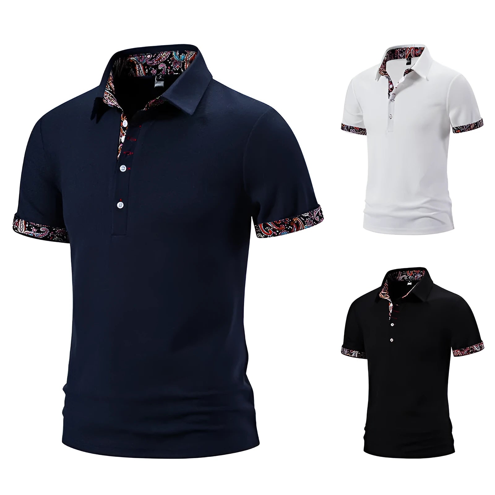 Men's navy blue cotton blend polo shirt with a turnover neck and short sleeves on a hanger.