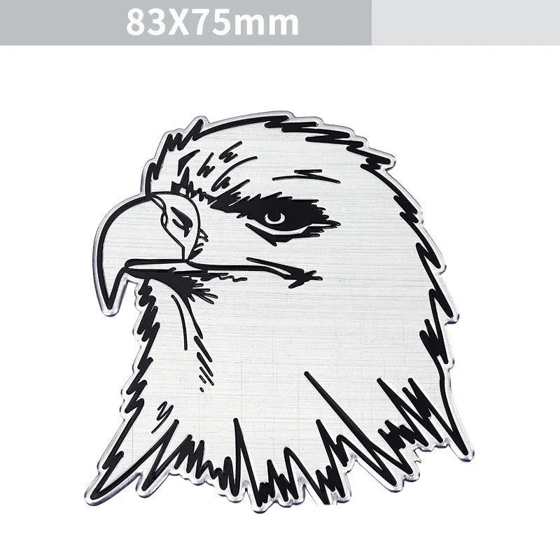 Aluminium car body sticker pack showing eagle, tiger, round lion, round wolf head, and round eagle designs.
