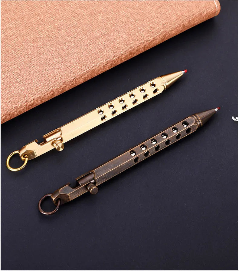 Brass hexagon bolt pen with six-angle design and 0.5mm tip, shown with brass natural and retro black ink options.