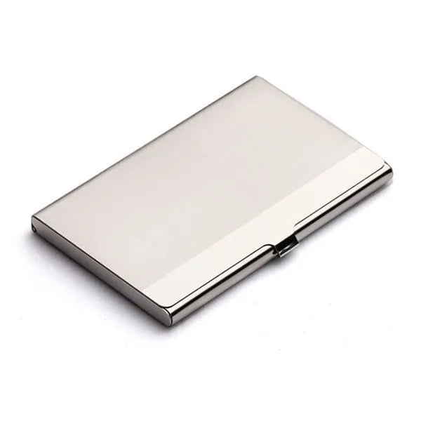 304 stainless steel business card case with geometric laser sculpture, measuring 92.5mm long