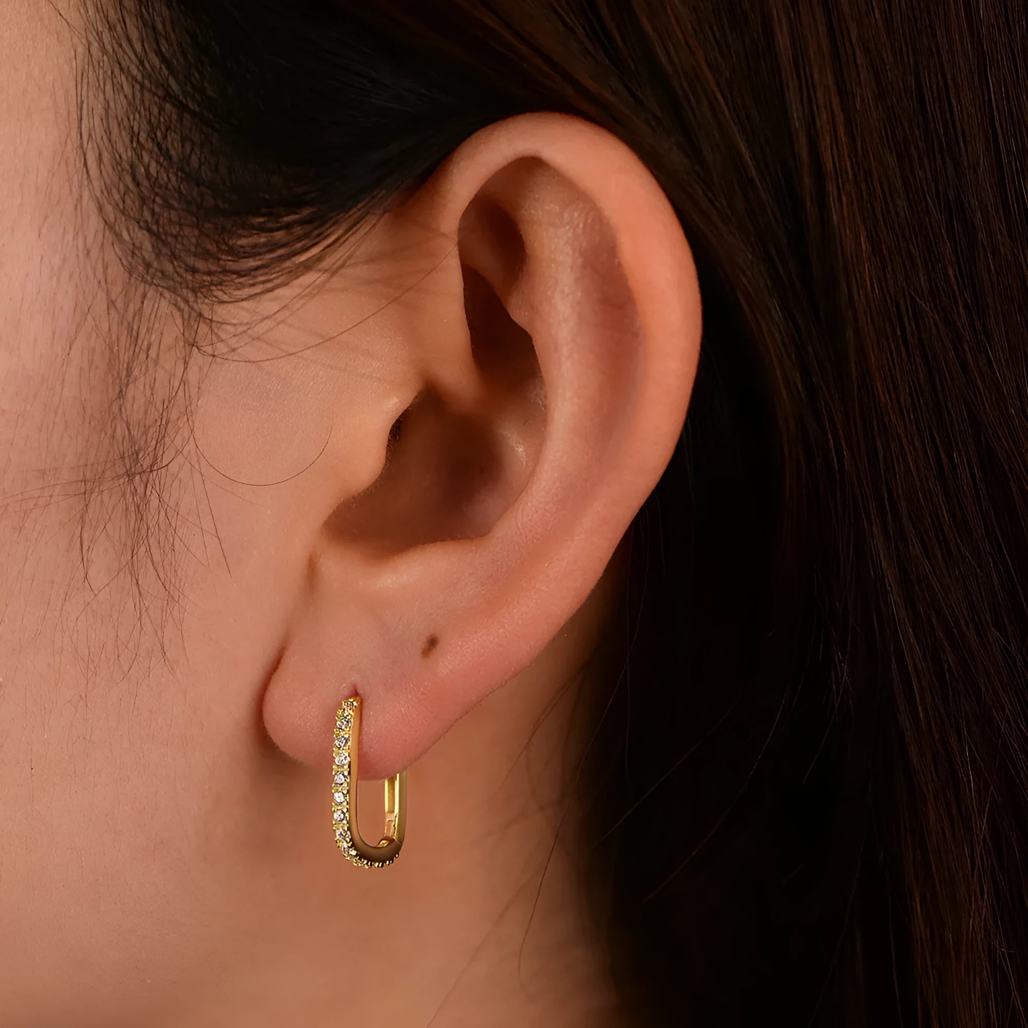 Sterling silver oval zircon ear clips with geometric quadrilateral settings