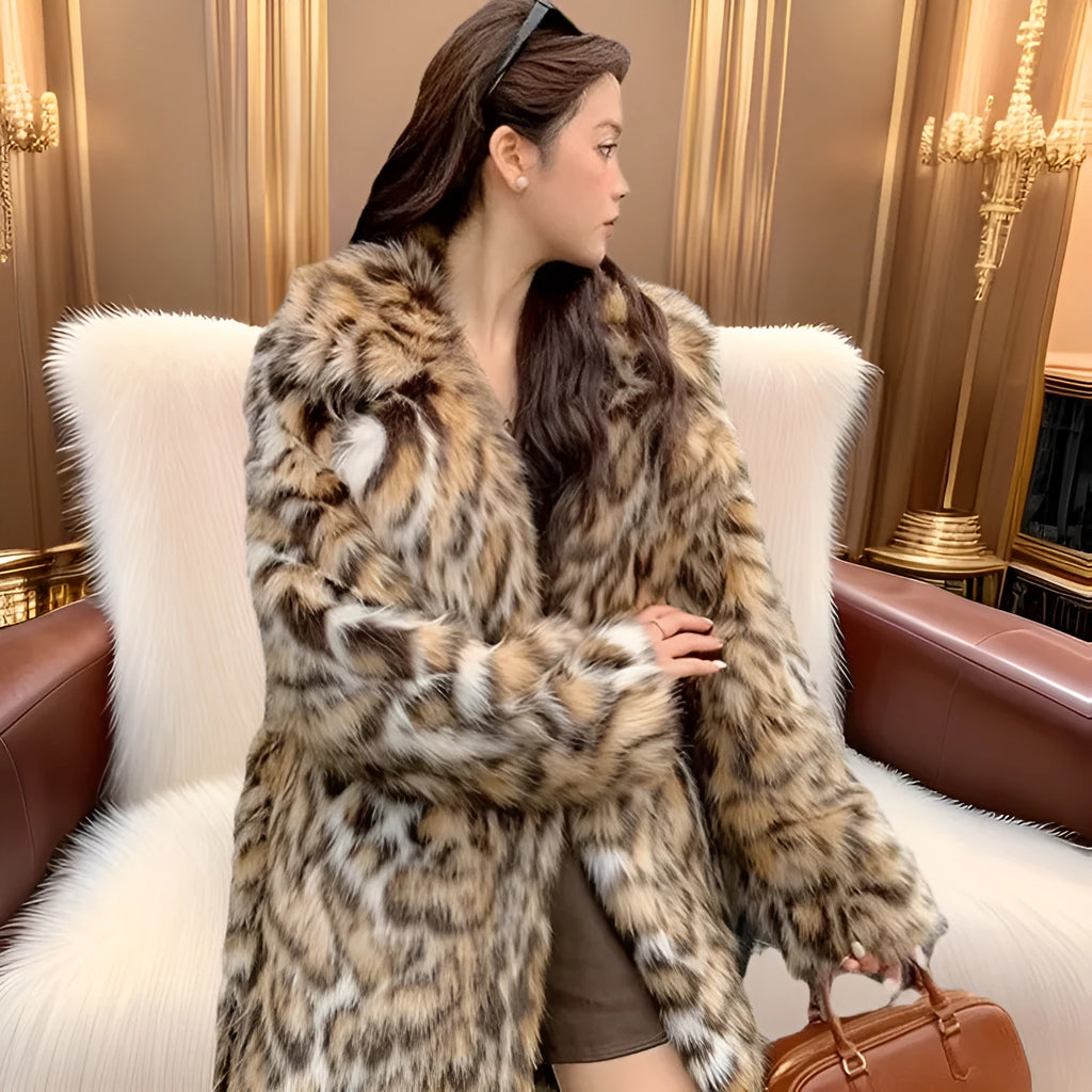 Faux fur coat with fur collar in long or mid-length style showing pocket details