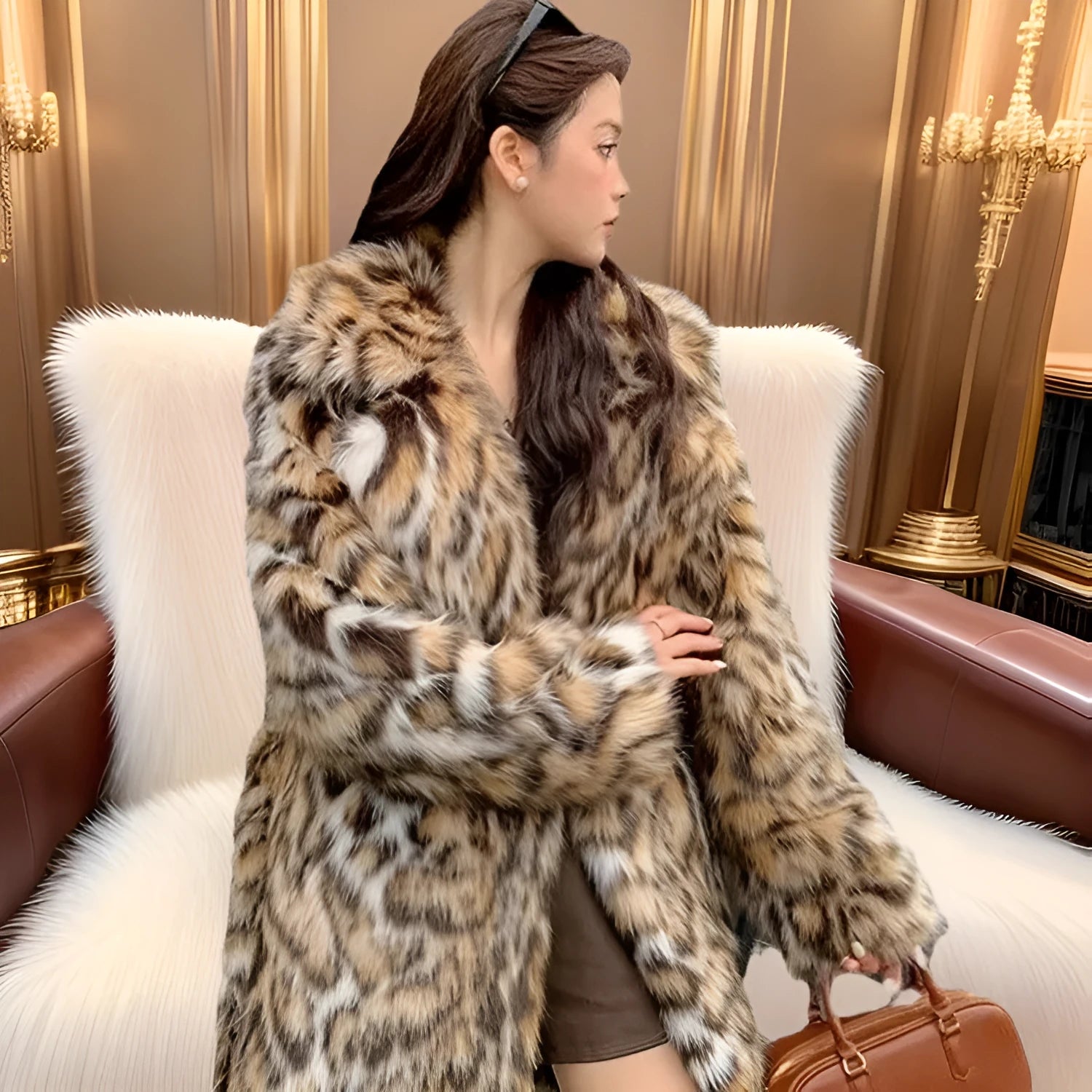 Faux fur coat with fur collar in long or mid-length style showing pocket details
