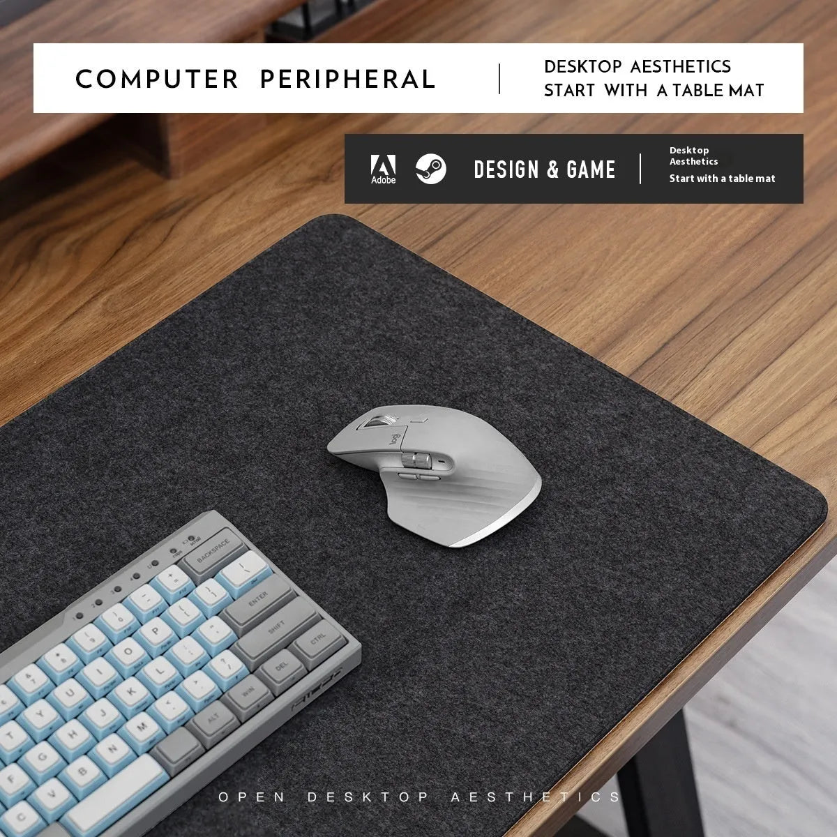 Oversized grey felt and cork desk mouse mat shown on a wooden desk with keyboard and mouse.