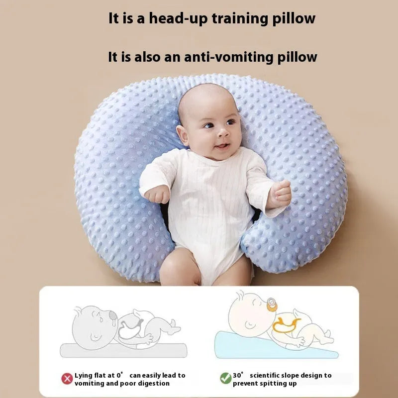 Nursing pillow with milk spill prevention feature in pink, yellow, grey, or light blue colours