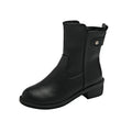 Black women's low heel ankle boots with a side zipper and round toe.