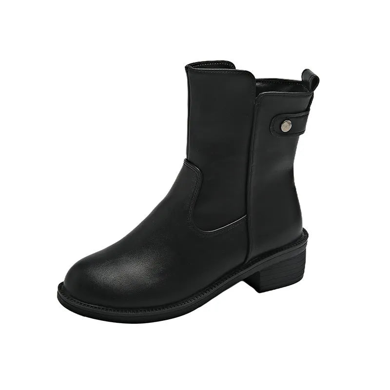 Black women's low heel ankle boots with a side zipper and round toe.