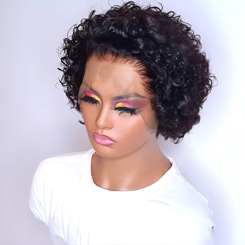 Black human hair pixie wig with lace front on mannequin head