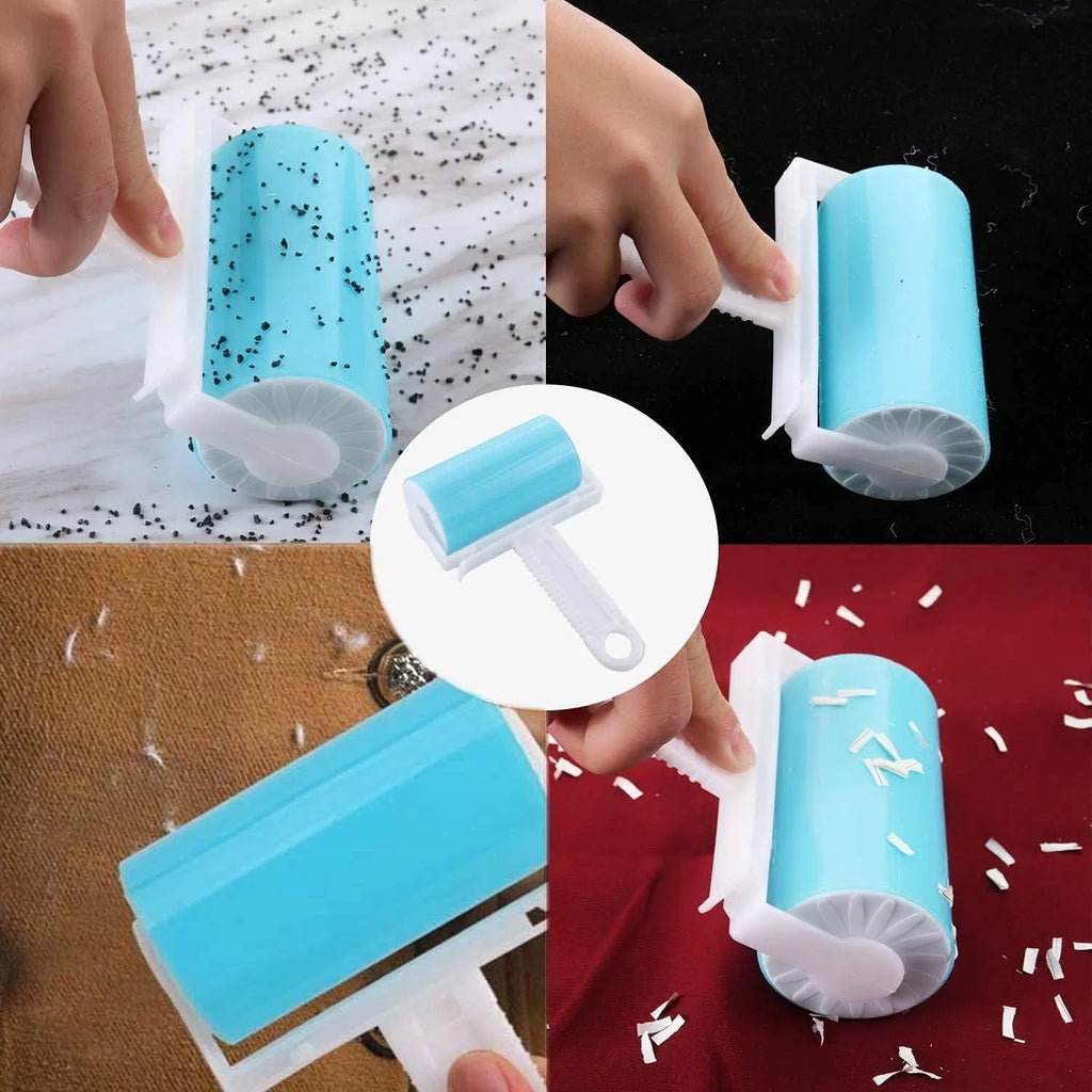 Washable reusable lint roller for pet hair removal with protective cover in blue green pink yellow colours