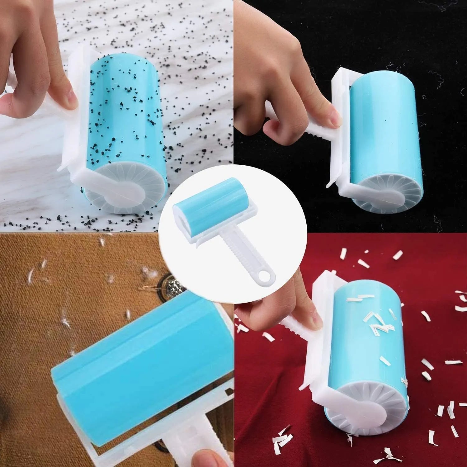 Washable reusable lint roller for pet hair removal with protective cover in blue green pink yellow colours