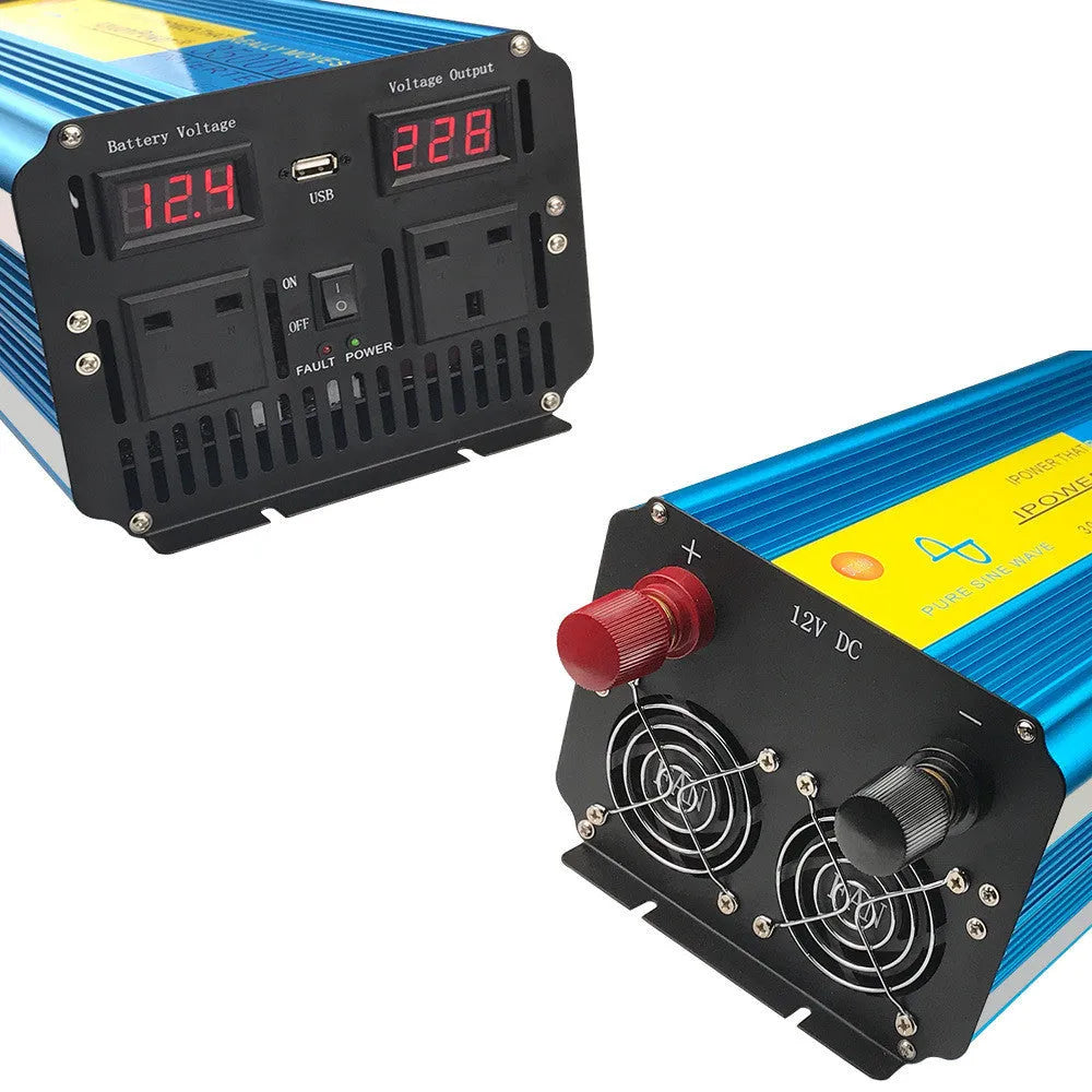 Blue car power inverter with digital display and UK sockets