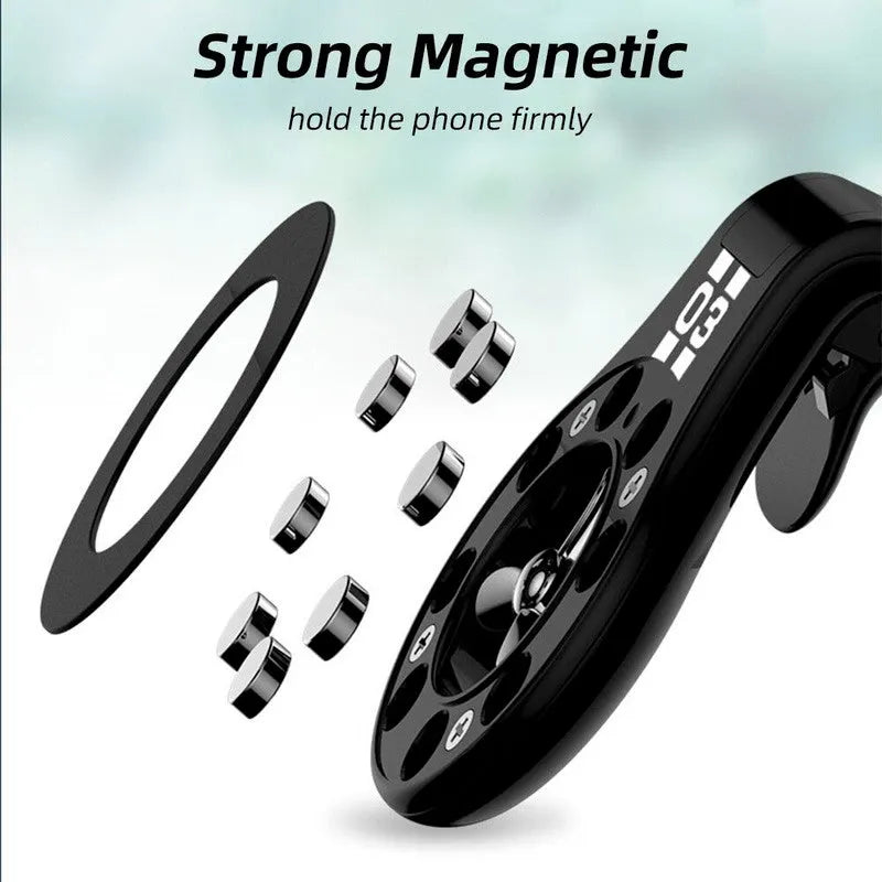 Magnetic car air vent phone holder with adjustable paddle in black colour showing smartphone attached