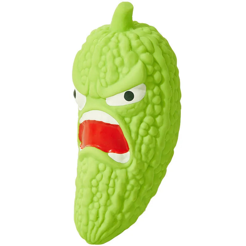 Green bitter melon or red chili shaped dog chew toy with squeaker for dental care and play.