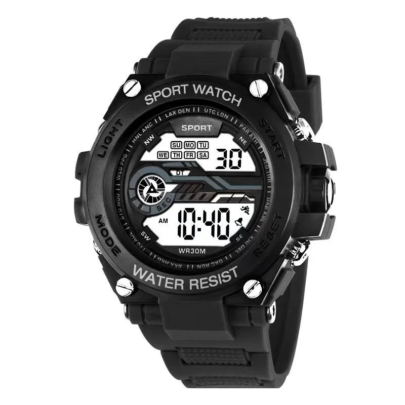 Fashion electronic watch with LED digital display showing ten different colour variations on wrist