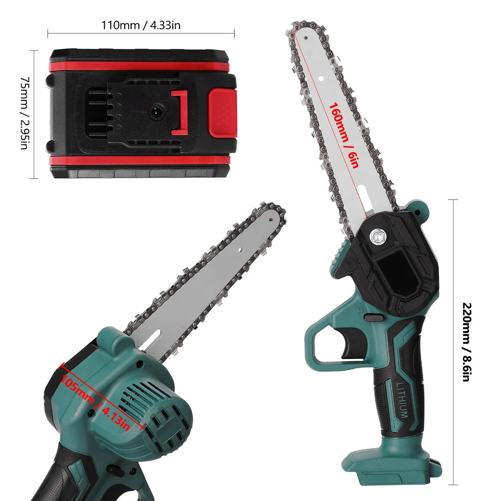 Black mini electric chainsaw with 4-inch chain, lightweight one-hand design on workbench