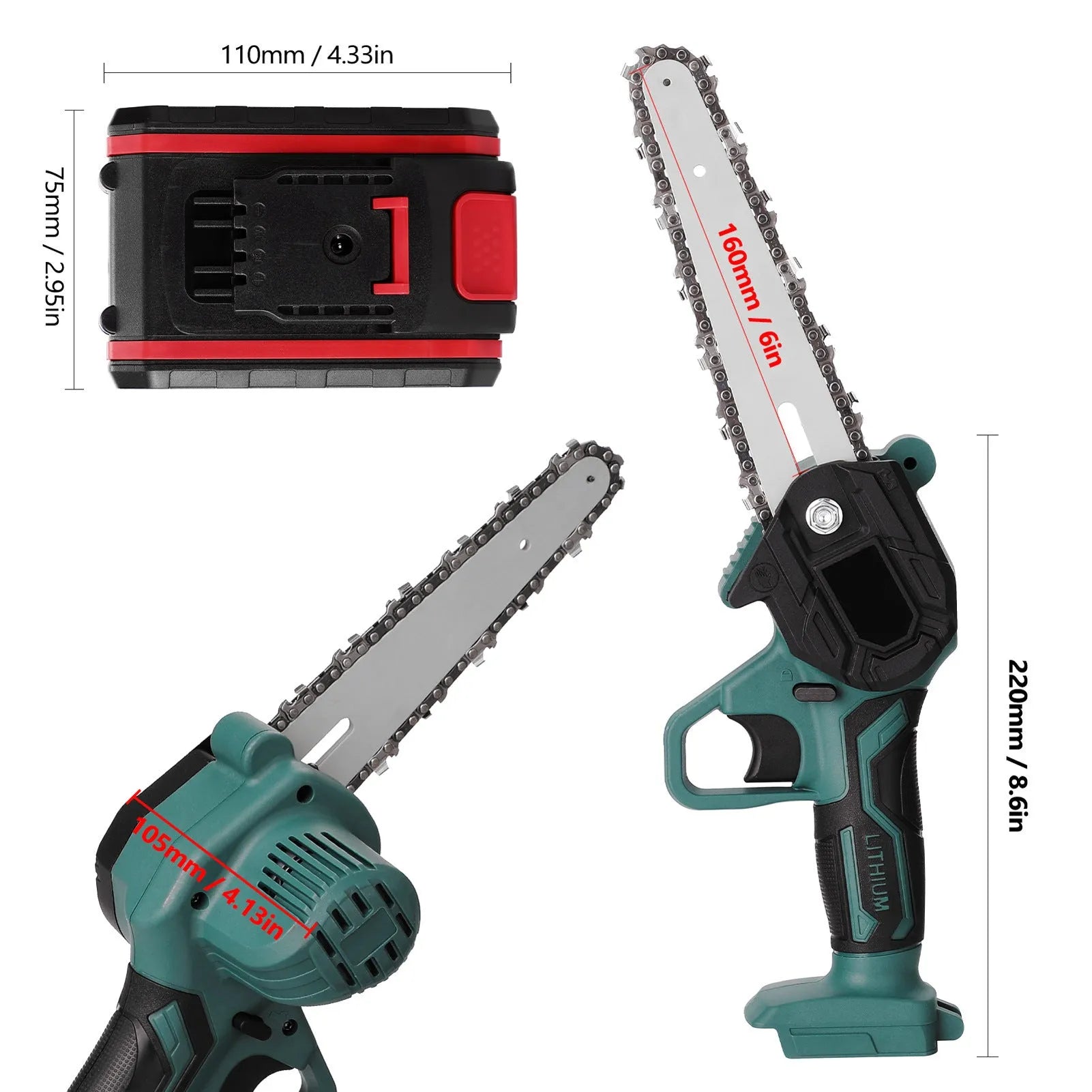 Black mini electric chainsaw with 4-inch chain, lightweight one-hand design on workbench