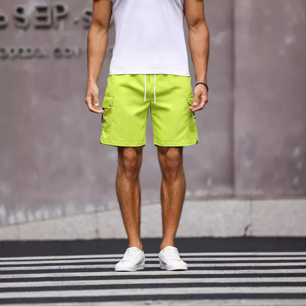 Men's loose straight-leg workwear shorts in fluorescent green or army green colours