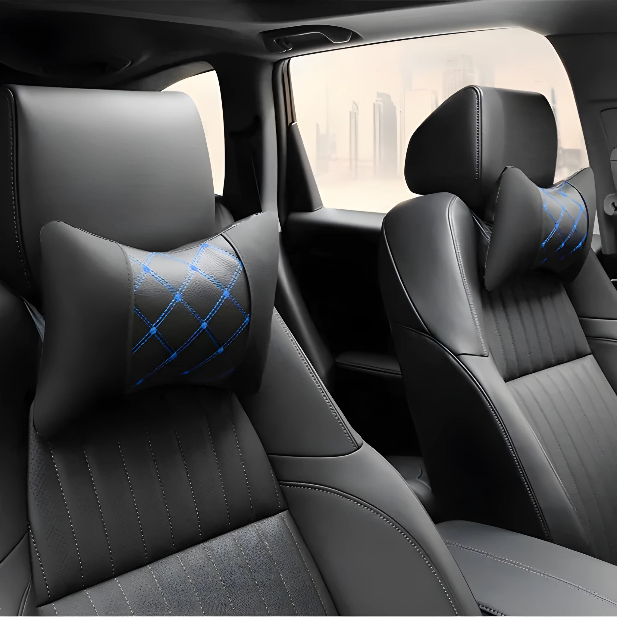 Black quilted artificial leather car headrest neck pillow with diamond pattern for cervical support.