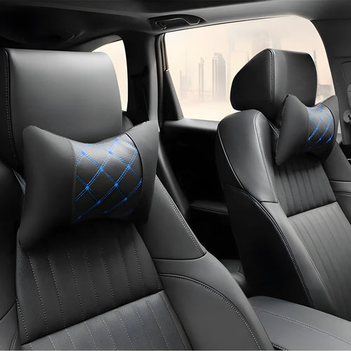 Black quilted artificial leather car headrest neck pillow with diamond pattern for cervical support.