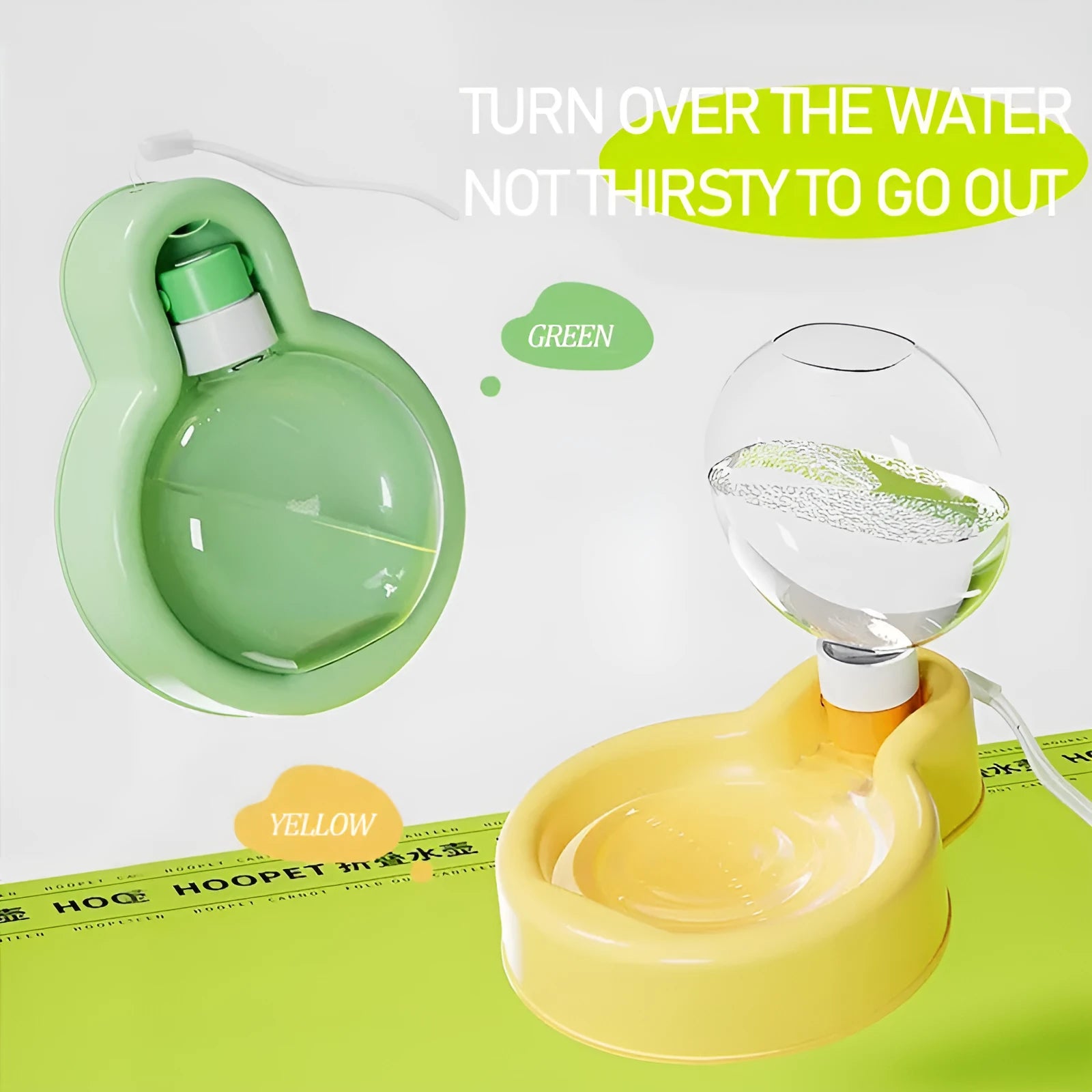 Green dog travel water bottle with integrated drinking bowl for outdoor use