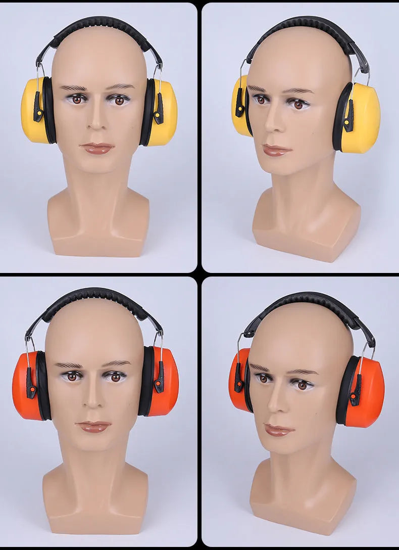 Orange head-mounted noise-cancelling earmuffs with an elastic headband on a grey background
