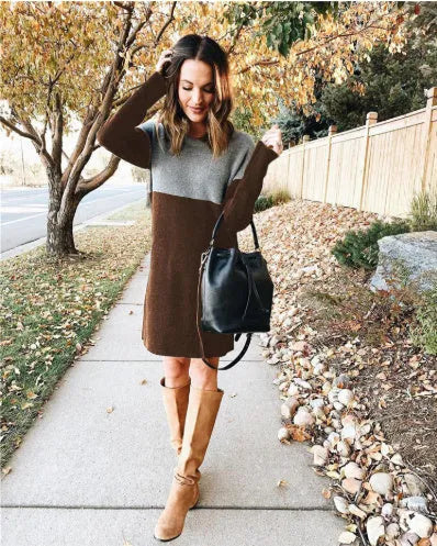 Brown women's polar fleece patchwork dress with long sleeves and round neck in retro princess style