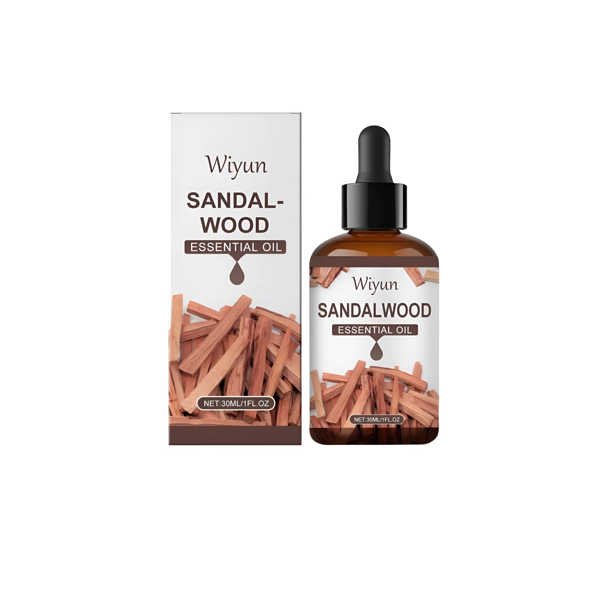 30ml glass bottle of amber sandalwood fragrance oil with a dropper.