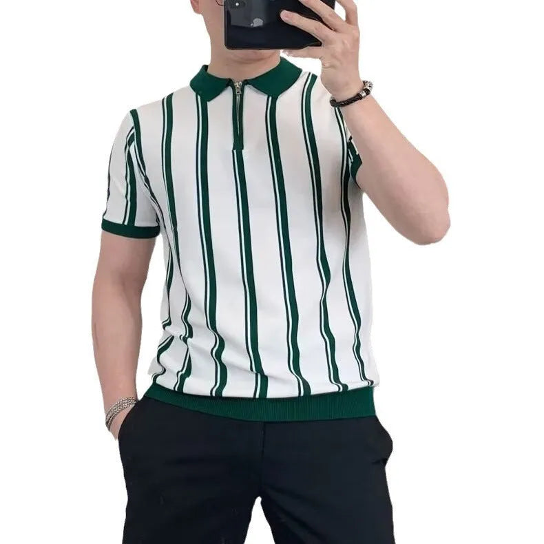 Korean style vintage stripe zipper half-sleeved casual t-shirt for men in loose fit black colour
