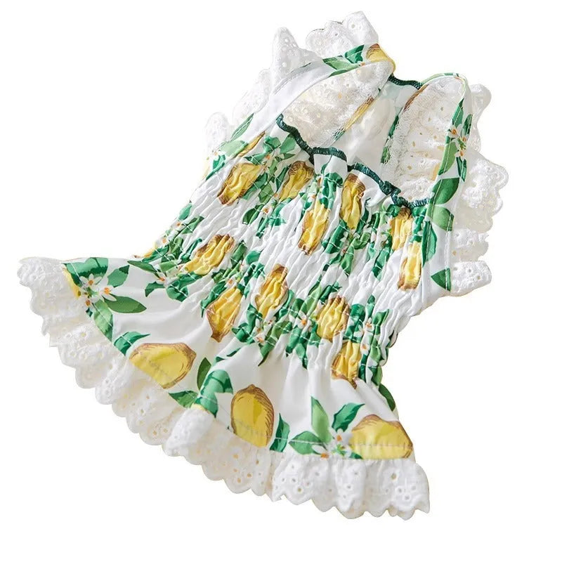Rock yellow lemon polyester dog dress with strap skirt design for small to medium dogs