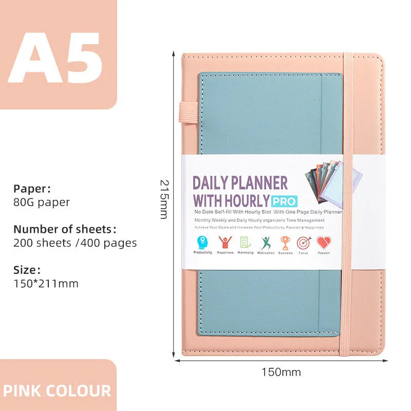 A5 notebook with purple PU cover closed by a black elastic strap
