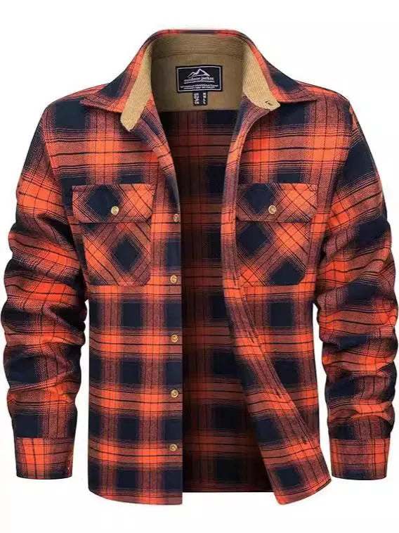 Men's polyester flannel button shirt with plaid pattern in green, navy, orange, and wine red colors available in sizes S to 5XL