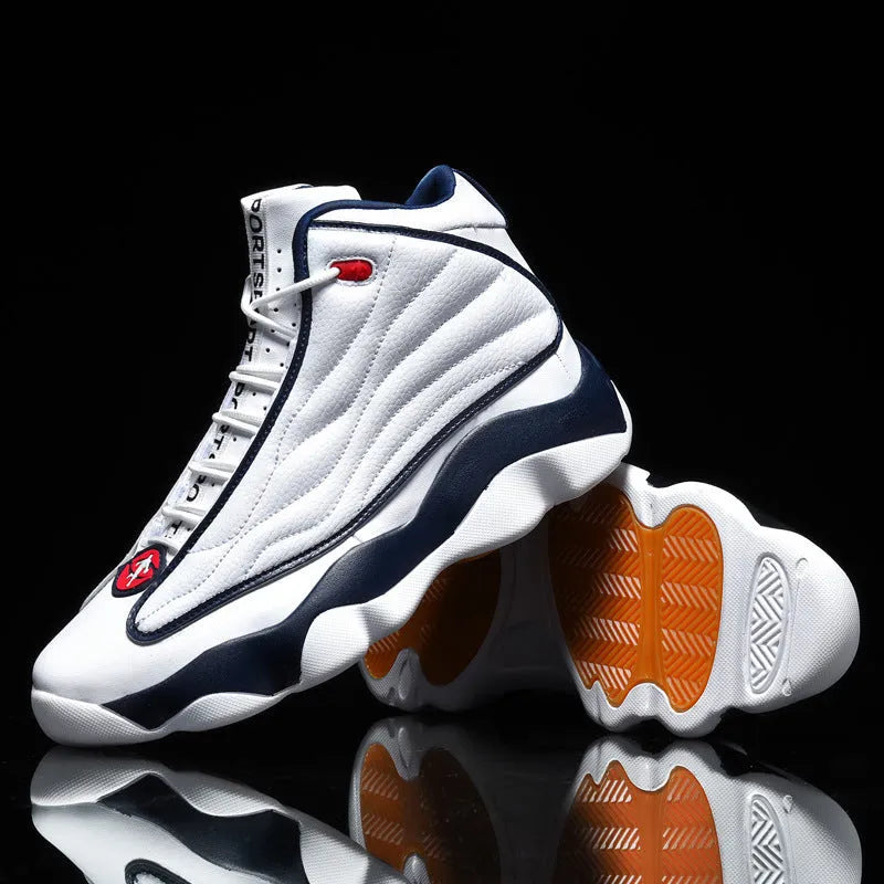 High-top basketball shoes with thick rubber soles and mesh upper in AJ13 colour options