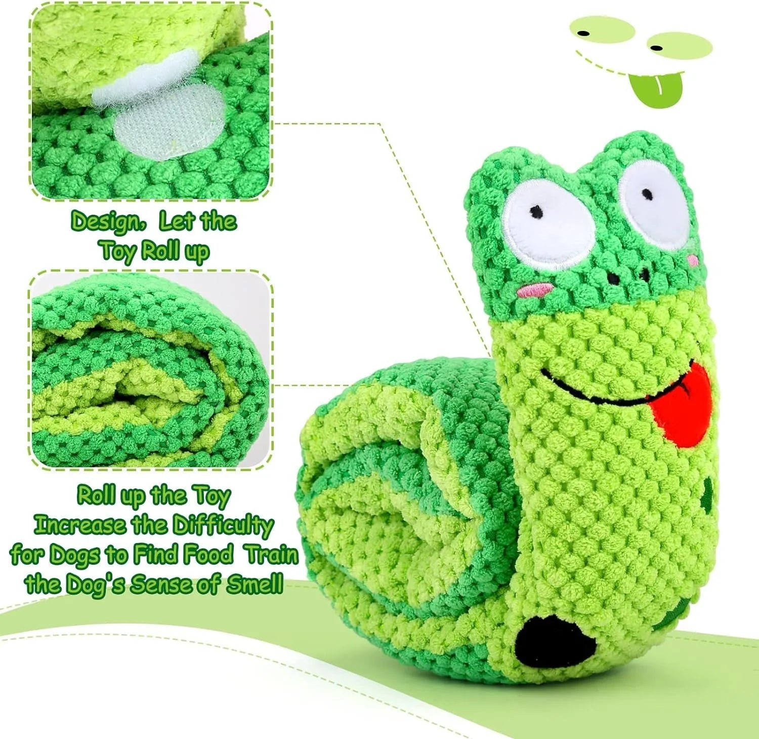 Reversible velvet dog toy shaped like a snail or stick with hidden food holes for foraging training.