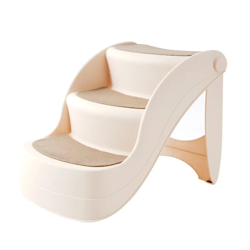 Foldable plastic pet ladder in beige colour with thickened steps and a non-slip mat for small dogs and cats.