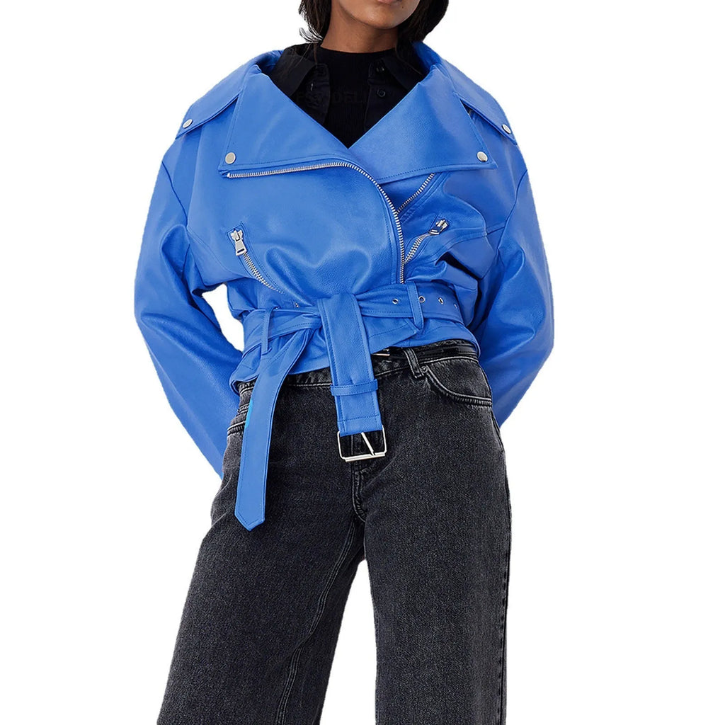 Punk style short jacket with a Peter Pan collar and drawstring waist in black, blue, or green.