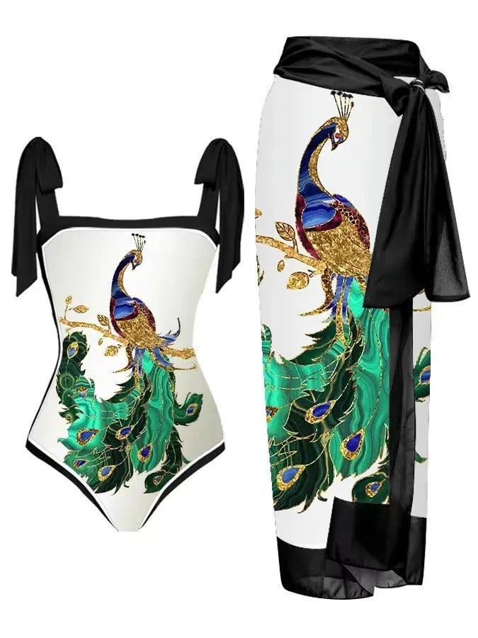 Women's printed floral two-piece swimsuit with a matching chiffon hip skirt.