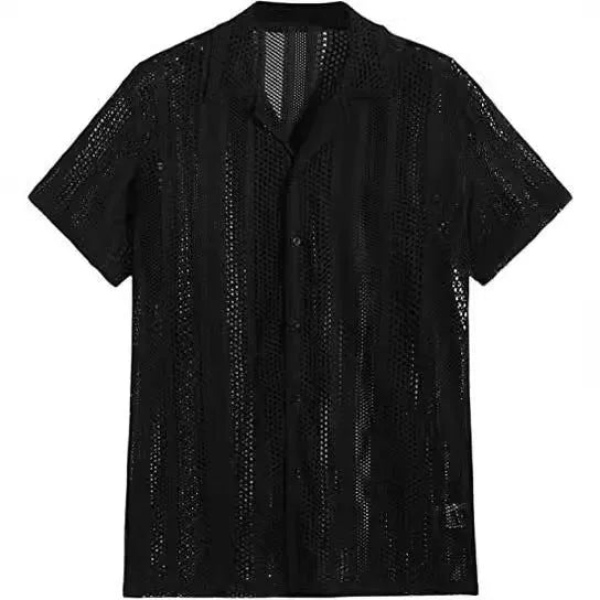 Men's black knitted short-sleeved button shirt with jacquard texture and regular fit