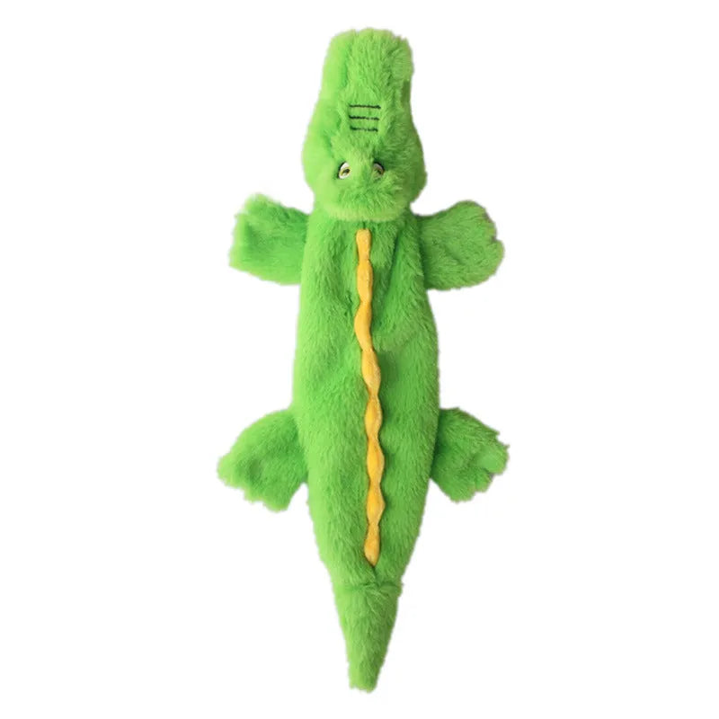 Green plush crocodile dog toy with no stuffing, for aggressive chewers.