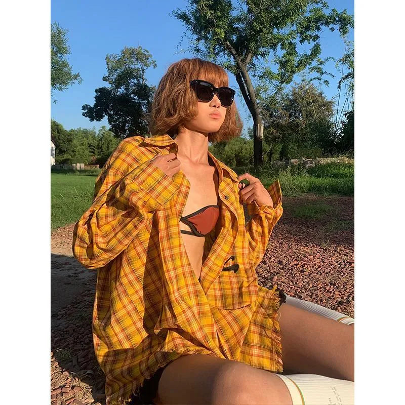 Dopamine yellow plaid shirt with loose-fit cardigan design in polyester blend fabric