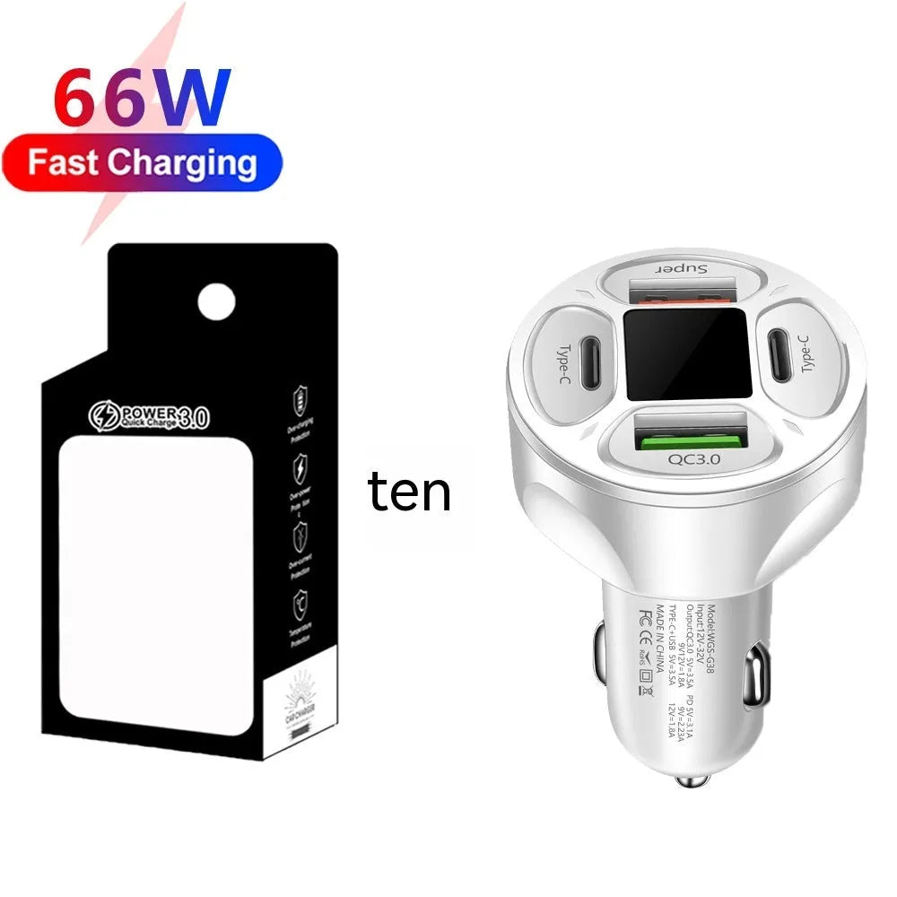 Black car charger with digital display showing charging voltage and current readings