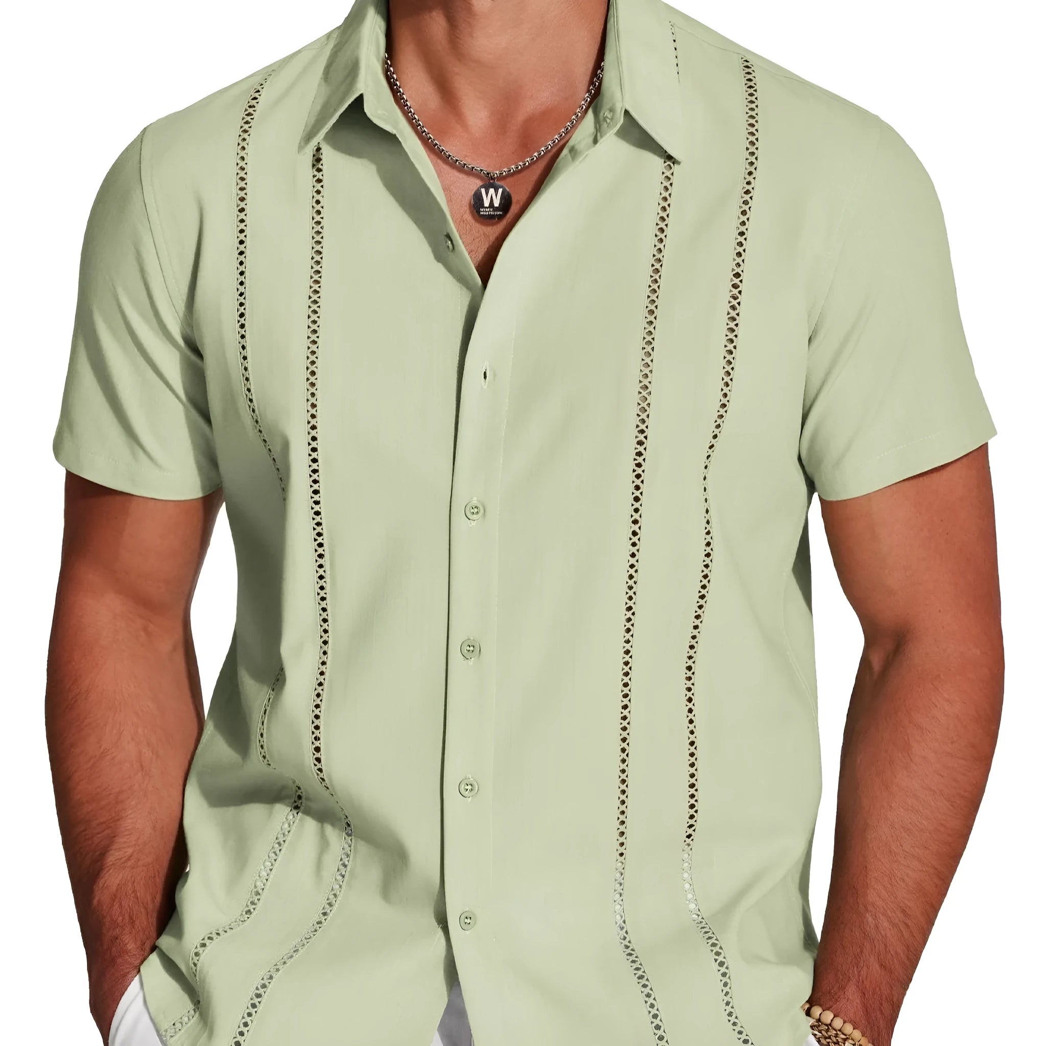 Men's slim fit short sleeve Hawaiian shirt with digital print pattern in elastic polyester fabric