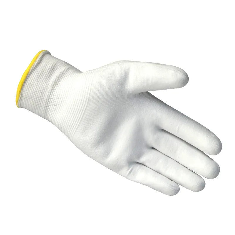 White PU coated work gloves showing 24 cm length with flexible construction