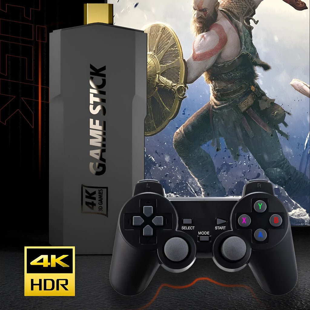 HD Home wireless retro game console with handle controller on a table next to a TV.